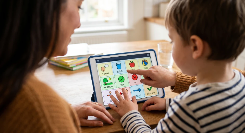 A child on the autism spectrum using an AAC tablet device with picture icons to communicate their needs.
