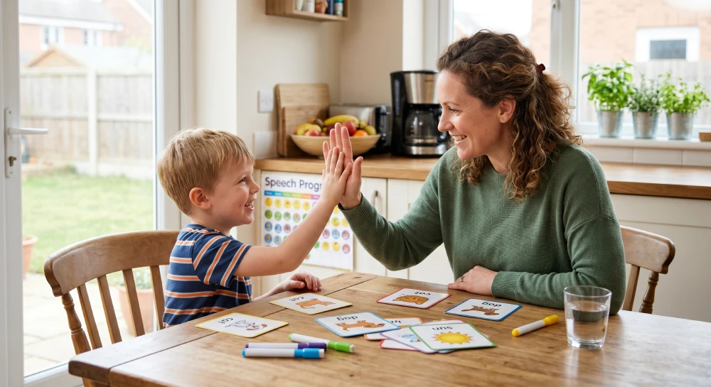 pediatric speech therapy Mississauga A parent and child practicing speech therapy exercises at home to support apraxia recovery.