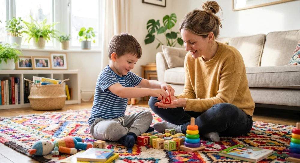 A mother and her autistic child connecting through shared play, demonstrating that communication happens even without spoken words.