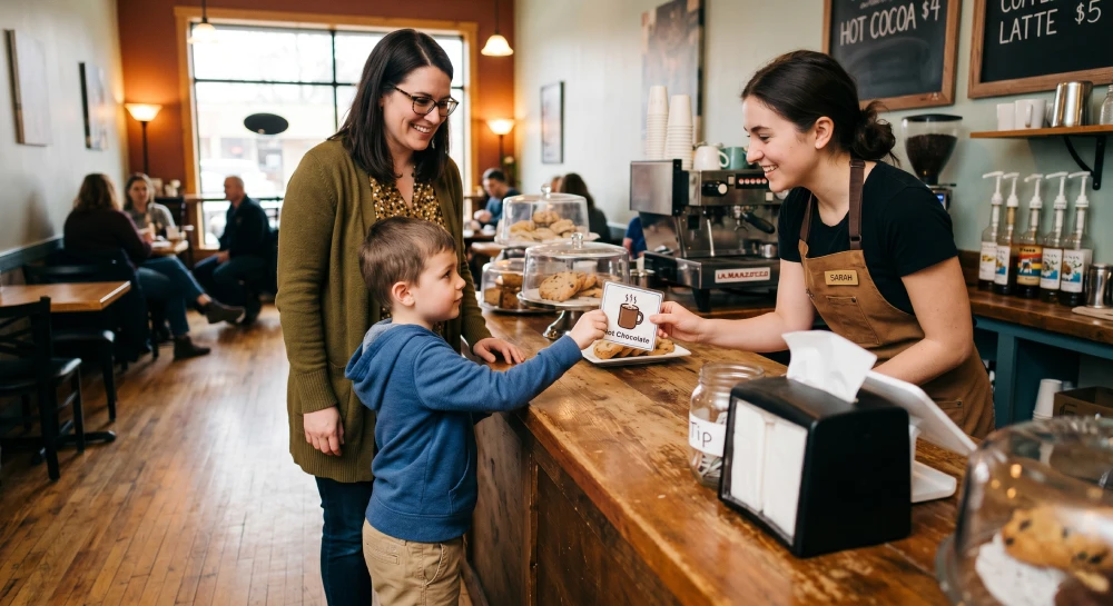 A child on the autism spectrum practicing communication skills in a real-world community setting at a local cafe.