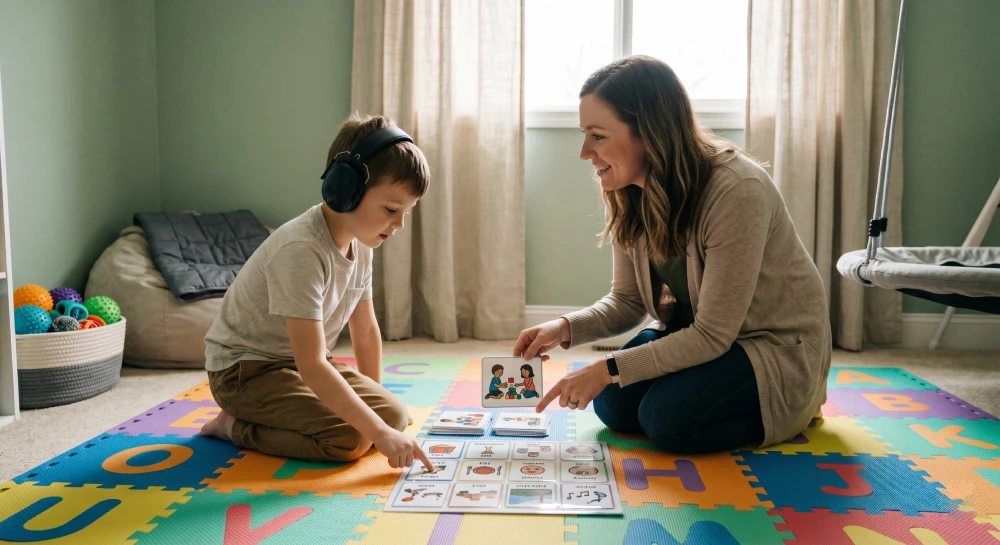 A therapist utilizing visual communication aids to support a child on the autism spectrum in a calm, personalized session.