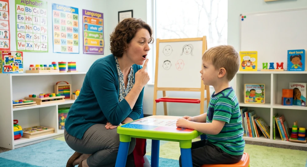Childhood Apraxia of Speech Mississauga A speech-language pathologist helping a young child with Childhood Apraxia of Speech form sounds in a clinic.