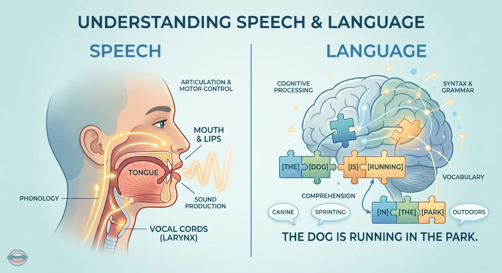 An infographic explaining the difference between speech (physical sound production) and language (mental understanding and sentence building)