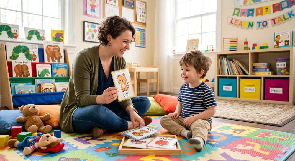 A speech-language pathologist working with a toddler on early communication skills in a Mississauga clinic.