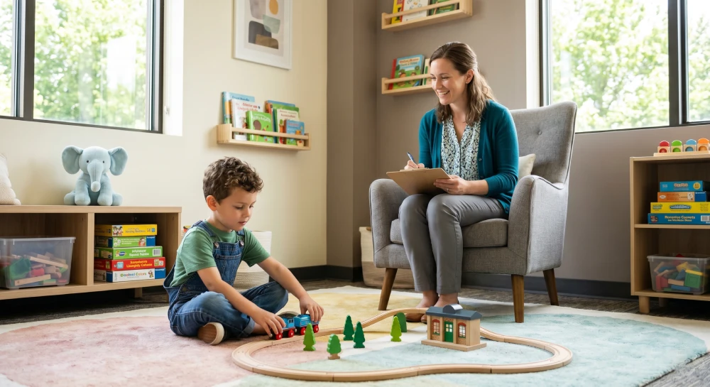 A speech-language pathologist observing a child's natural play and language patterns during a therapy session.