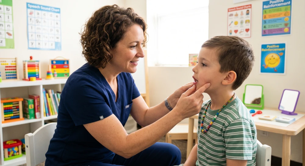 speech delay in children A speech therapist using tactile cues and evidence-based treatment for childhood apraxia of speech