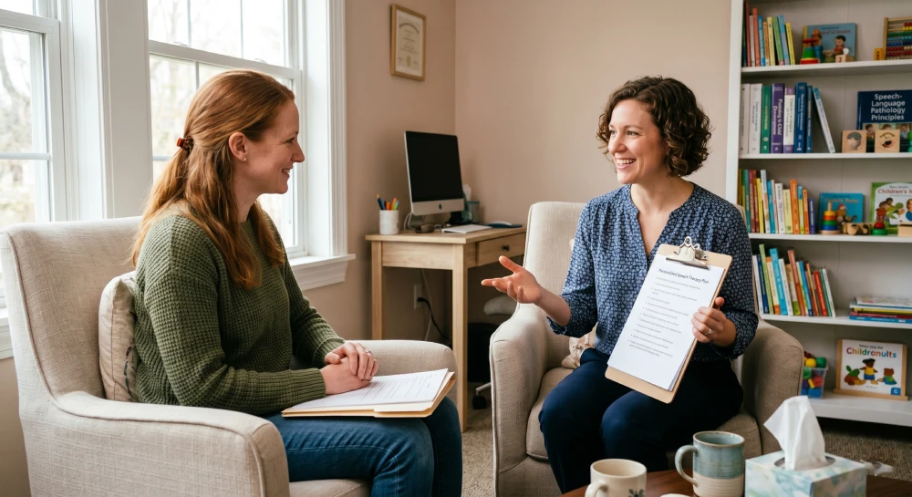 A speech-language pathologist providing parent coaching to help a mother support her child's communication at home.