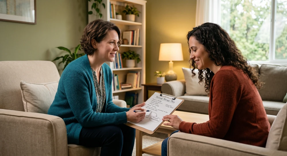 A Bright Speech therapist providing parent coaching, ensuring holistic support for a child's communication journey.