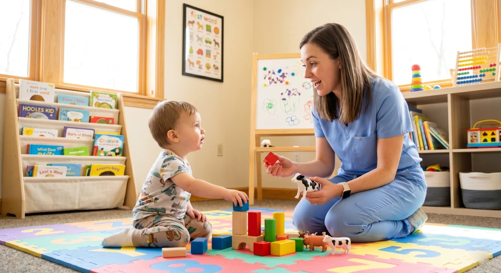 A Speech-Language Pathologist at Bright Speech engaging a toddler in play-based therapy to encourage communication skills.