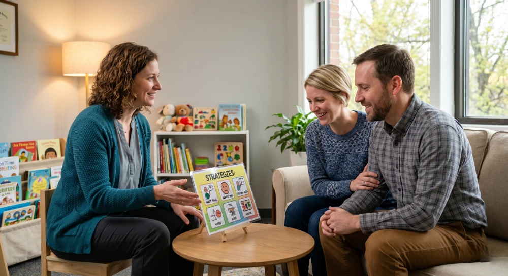 Parents receiving coaching from a speech-language pathologist to help their autistic child communicate at home